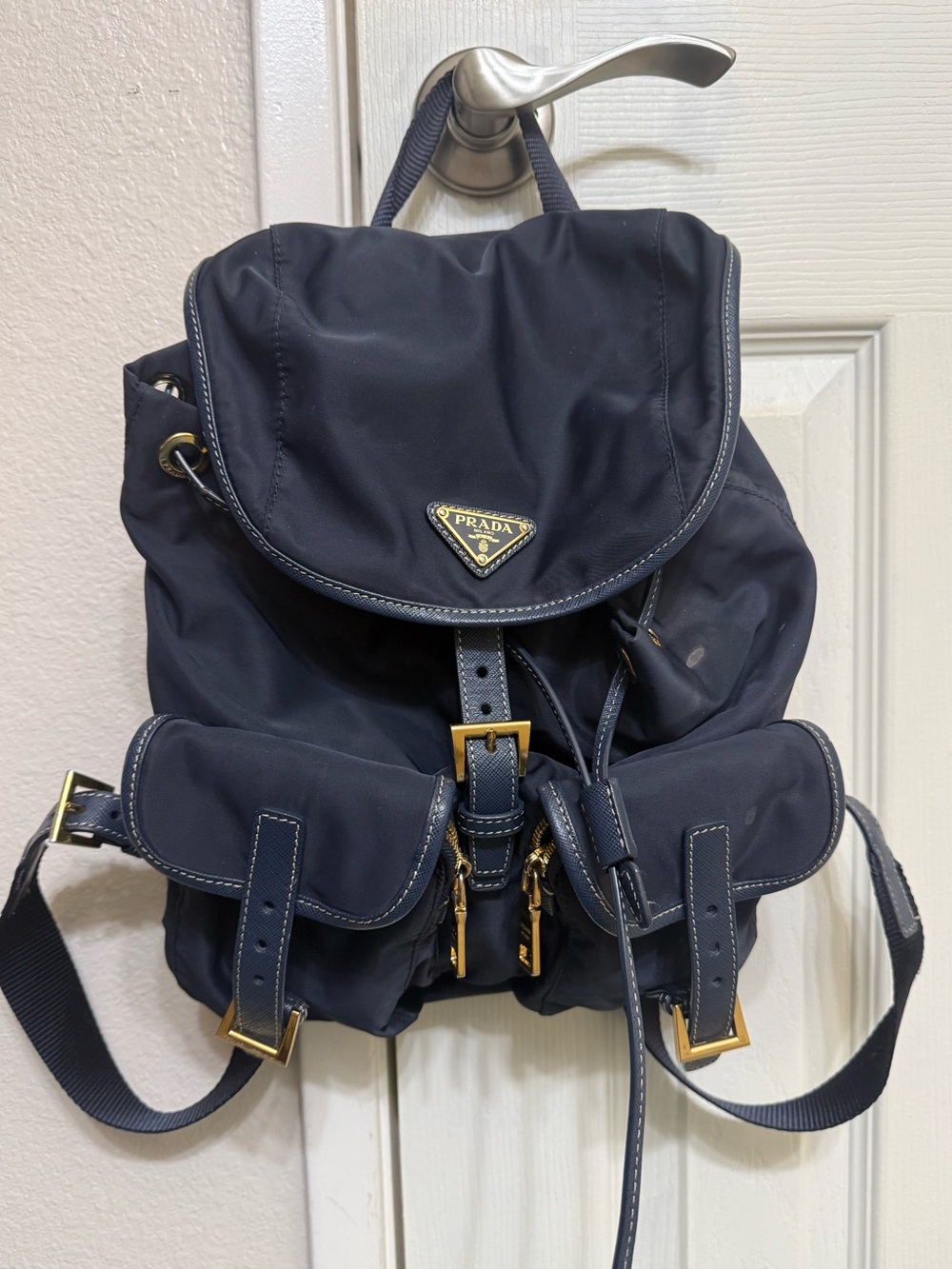 PRADA NYLON NAVY BLUE BACKPACK W/ CARDS